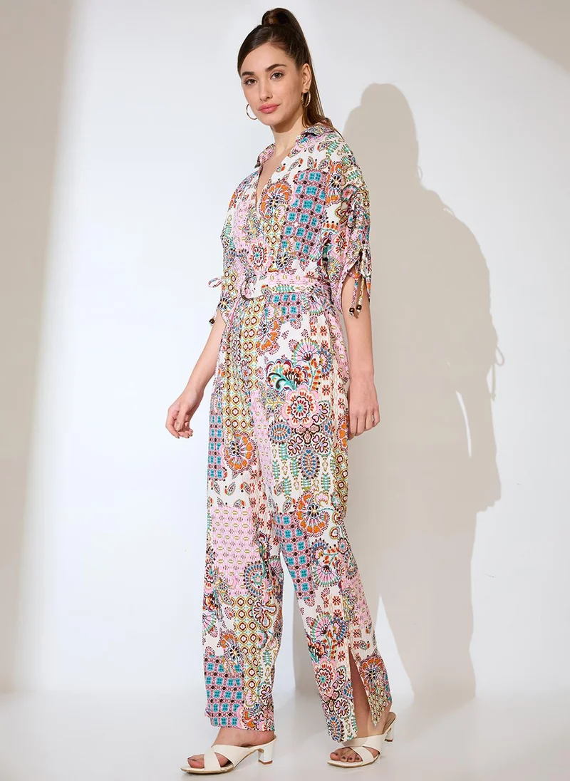 globus  Globus Women Shirt Collar Ruched Sleeves Ethnic Motifs Print Belted Fusion Jumpsuit for Women | Best Price UAE